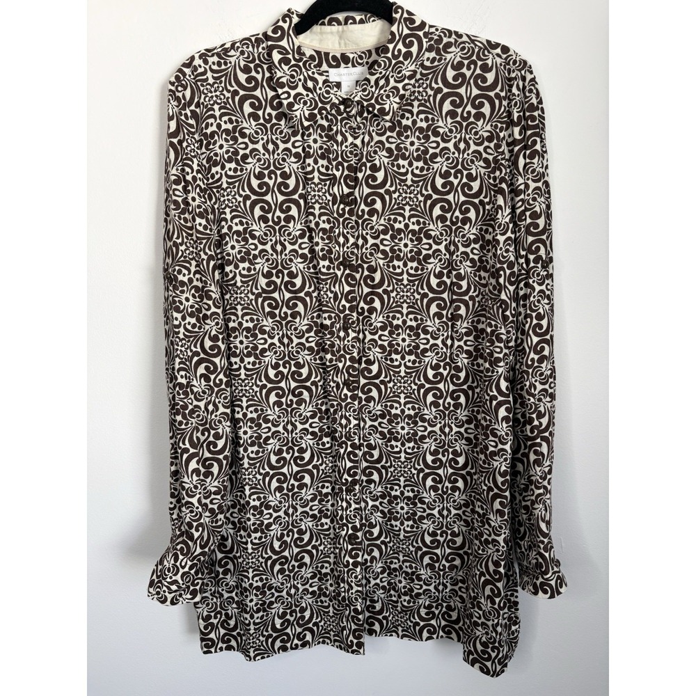 Charter Club Womens 100% Linen Blouse Size 16 Brown Floral Button Up Long Sleeve